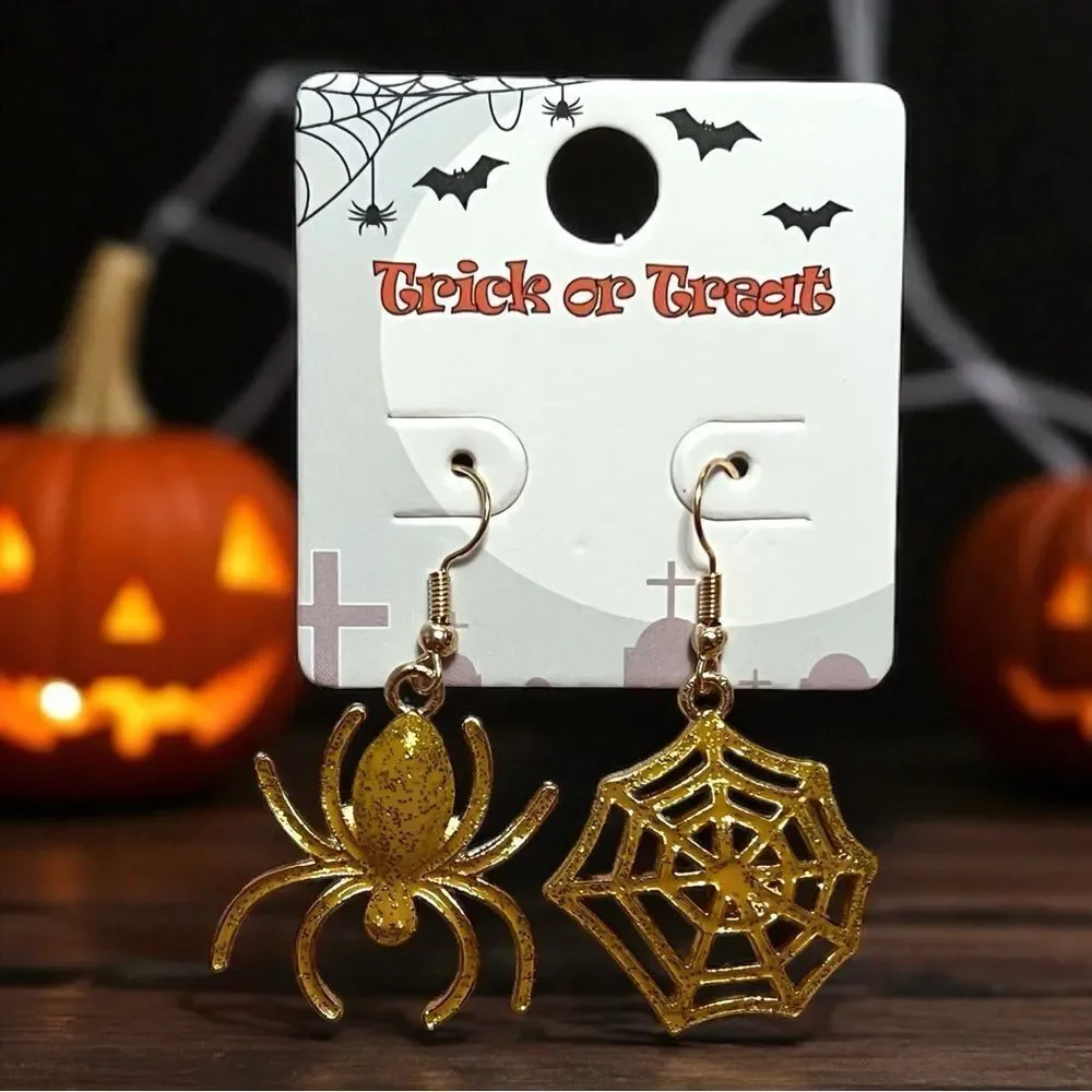 Gold Glitter Spider and Web Halloween Dangle Earrings
